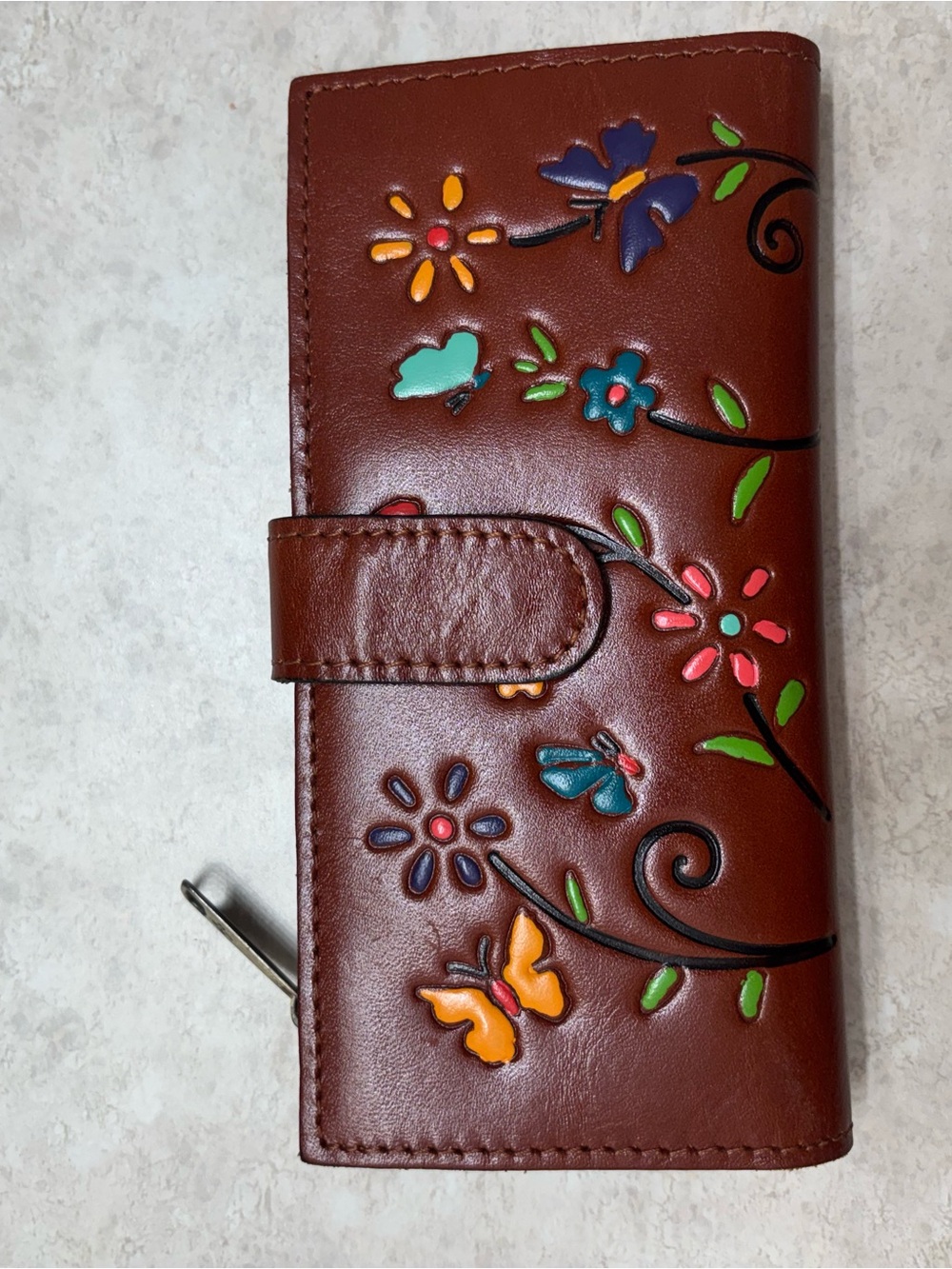 Patricia Nash Brown Floral Embossed Leather Wallet with Colorful Butterflies